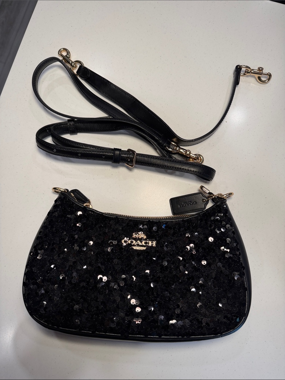 Coach Teri Shoulder Bag Black Sequined with Gold Hardware